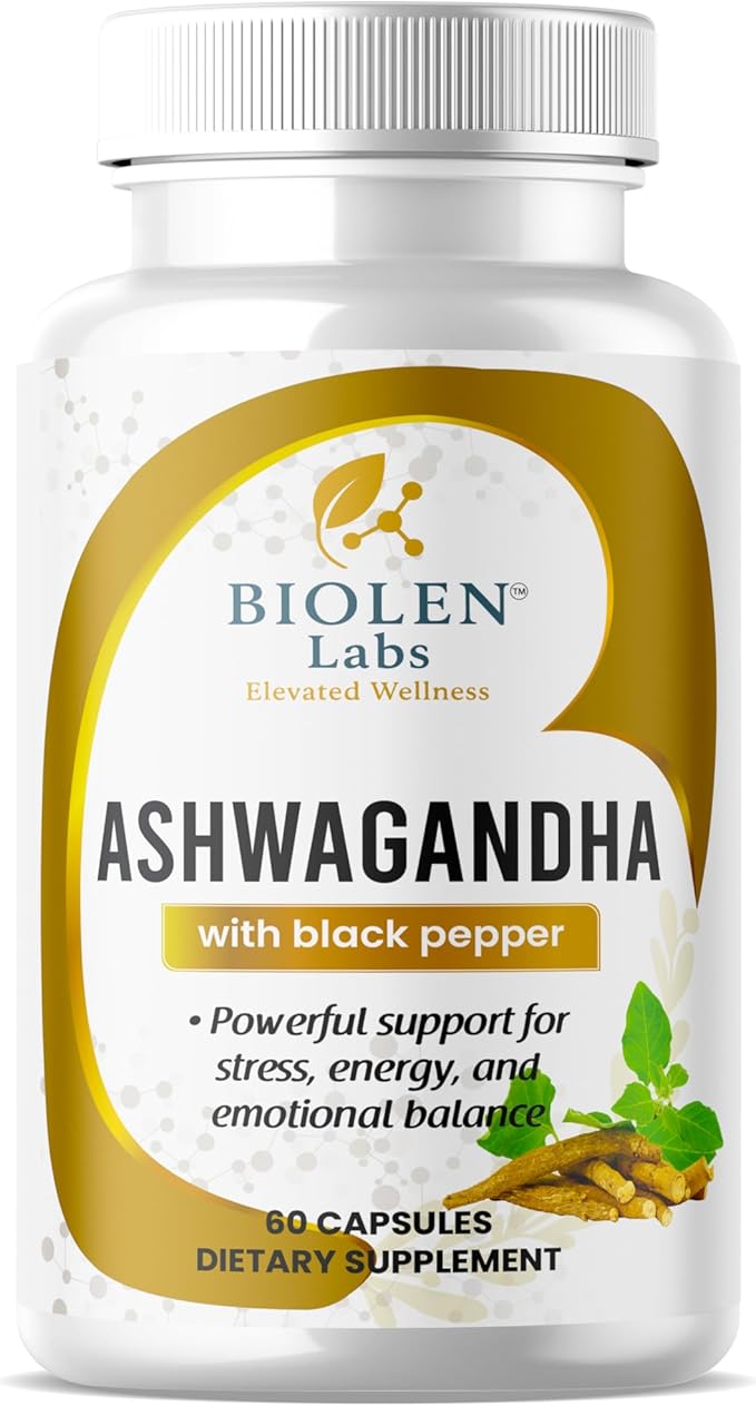 Biolen Labs Ashwagandha Extra Strength with Black Pepper 1300mg 60 Capsules Natural Stress Relief Mood Support Energy Supplement