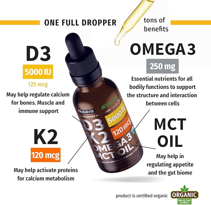 NUSAVA Unflavored D3 K2 Liquid Drops and Vanilla Flavored D3 K2 Liquid Drops Bundle - Potent Liquid Vitamins for Heart Joint Bone Muscle &amp Immune Support - Non-GMO Gluten-Free 2pk Each