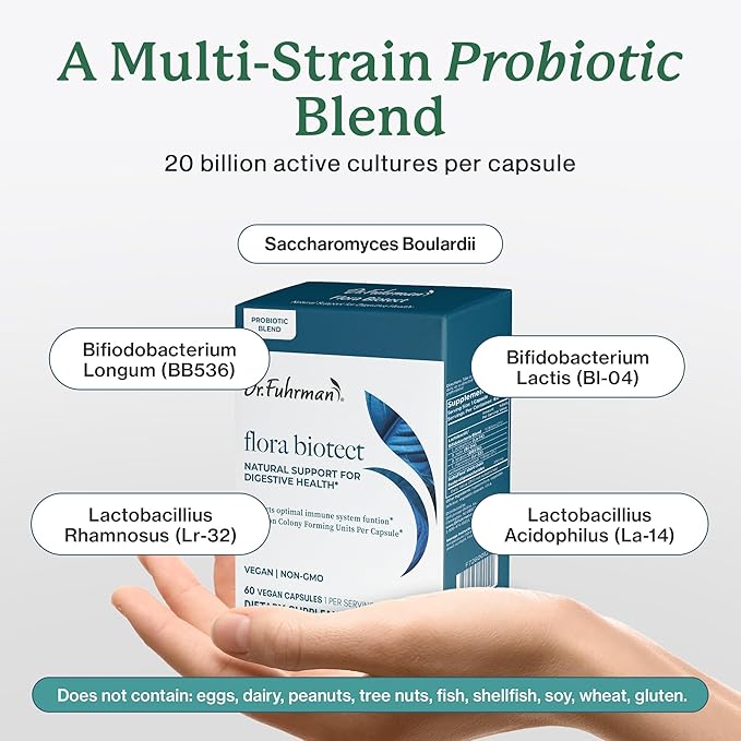Dr. Fuhrman Prebiotic and Probiotic for Women &amp Men | Flora Biotect Natural Support for Digestive Health &amp Gut Biome | Provides Bloating Relief &amp Bowel Regularity | 20 Billion Live Strains