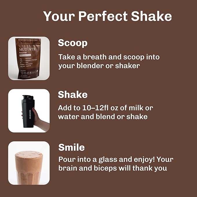 MUDWTR Nourish | Chocolate Mushroom Protein Powder | 2000mg Adaptogenic Mushrooms | Vegan Protein Powder | USDA Organic | Focus Mood &amp Digestion Support | Cacao Lion's Mane Bacopa | 15 Serving