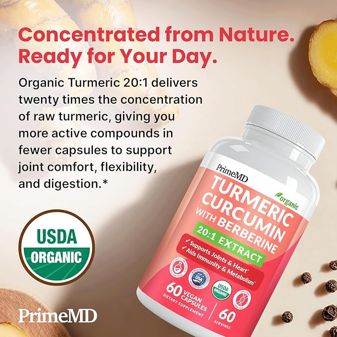 5-in-1 USDA Organic Turmeric Curcumin Supplement - 230mg with Berberine Ceylon Cinnamon Bioperine and Ginger Supplements for Mobility Digestion &amp Wellness Support USDA Organic 60 Servings 1-P