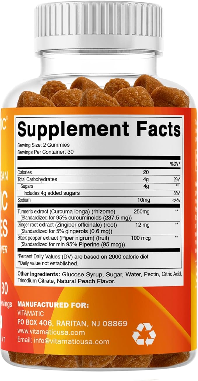 Vitamatic Turmeric Gummy with Ginger &amp Black Pepper Extract – 60 Vegan Gummies Each | 2 Pack (120 Gummies) 95% Curcuminoids – Powerful Antioxidant &amp Inflammatory Support