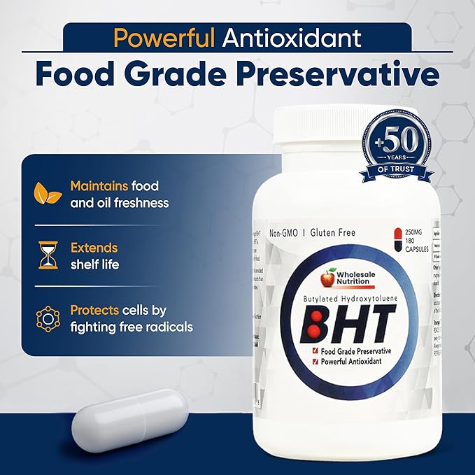 Wholesale Nutrition BHT - 250mg Potent Antioxidant - Non-GMO Gluten-Free - Enhance Oil/Fat Preservation - Pure Butylated Hydroxytoluene for Foods/Oils - 180 Capsules