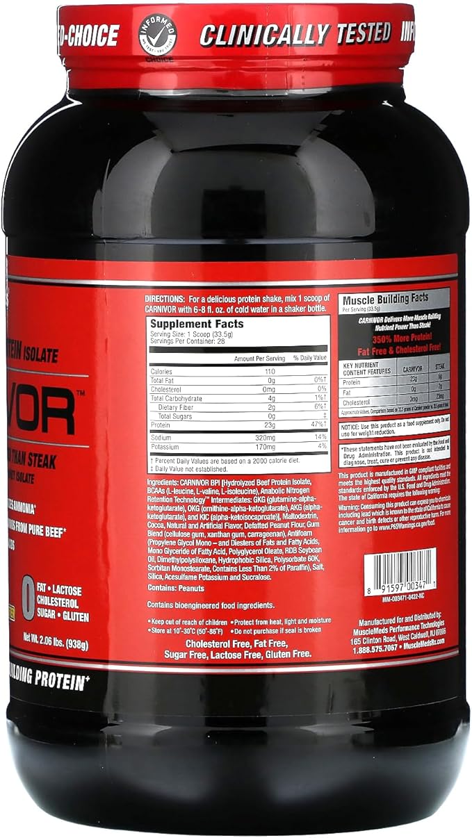 MuscleMeds Carnivor Beef Protein Isolate Powder 23 Grams Protein 0 Fat 0 Sugar 0 Cholesterol Lactose Free Chocolate Peanut Butter 2.2 Pound 28 Servings
