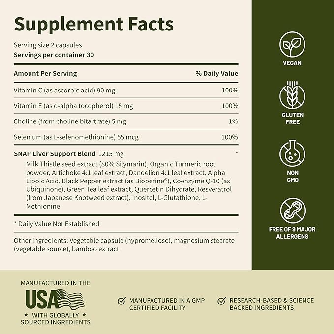 Snap Supplements Liver Health &amp Detox - Milk Thistle Supplement Supports Healthy Liver and Digestive Health 60 Vegetarian Capsules (1 Month Supply)