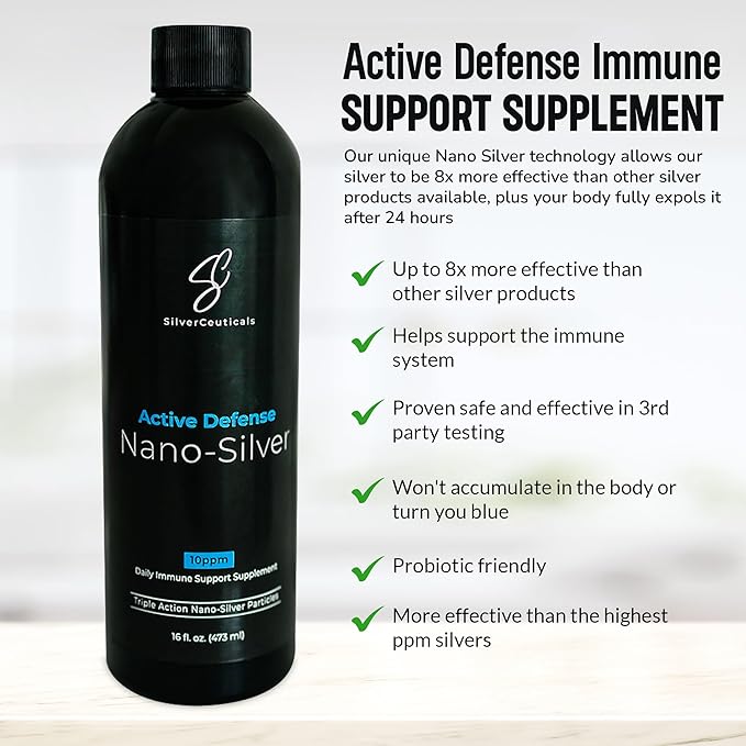 Colloidal Silver w/Nano Technology - 10ppm 16oz - 8X More Effective - Natural Immune Support - Save The Sick Days - Ages 5 &amp Up - Outperforms Higher PPM Silvers - No Taste &amp Smell - 3rd Party