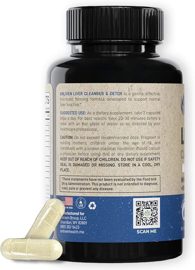 enliven Liver Cleanse Detox &amp Repair Capsules | Natural Liver Support with Milk Thistle Dandelion &amp Artichoke | Promotes Liver Health &amp Digestion | Non-GMO Herbal Supplement | 60 Capsules