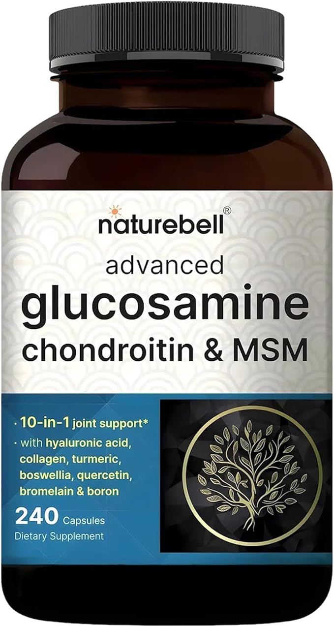 NatureBell Advanced Glucosamine Chondroitin &amp MSM - 240 Capsules - 10-in-1 Joint Support Complex* - Includes Hyaluronic Acid Turmeric Glucosamine Collagen &amp More