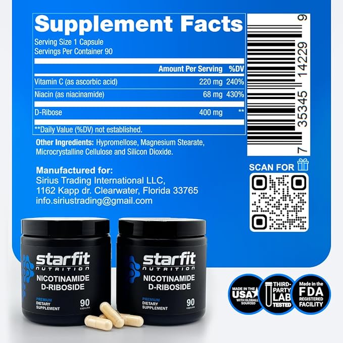 STARFIT - Nicotinamide D-Riboside Booster NAD+ Energy &amp Focus Supplement Anti-Aging Cellular Support 90 Capsules