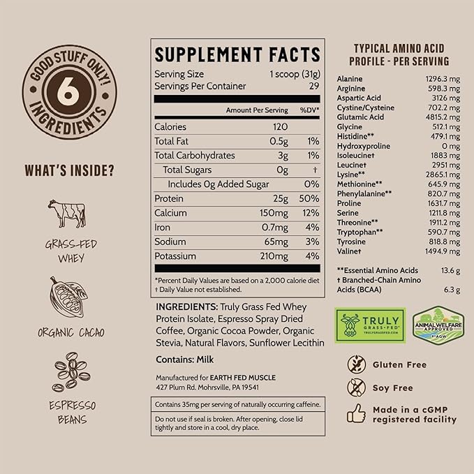 Earth Fed Muscle Magic Beans Mocha Truly Grass Fed Whey Protein Powder - No Artificial Ingredients Soy Free Gluten Free Non-GMO and Hormone Free (2 Pound 29 Servings Mocha)