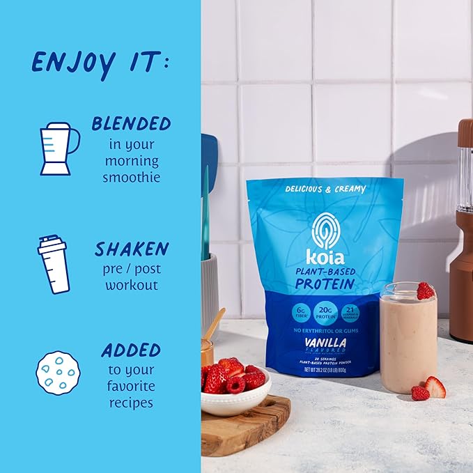 Koia Plant Based Protein Powder Vanilla 20g Protein 3g Sugar 6g Prebiotic Fiber Pre &amp Post Workout 21 Vitamins &amp Minerals No Seed Oils Dairy-Free Gluten-Free Non-GMO 20 Servings 28