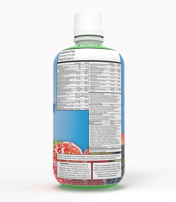 Wellgenix Balanced Essentials Kids Liquid Multivitamin – 94 Nutrients Including Vitamins Minerals &amp Omega Fatty Acids – Mixed Berry Flavor – 16 fl oz