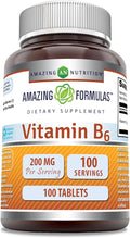 Amazing Formulas Vitamin B6 Pyridoxine 200mg 100 Tablets Supplement | Non-GMO | Gluten Free | Made in USA