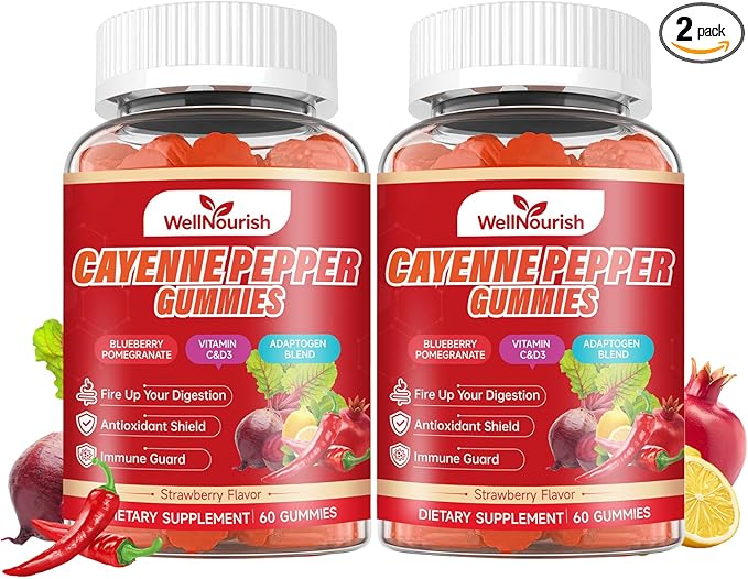 Cayenne Pepper Gummies with Beetroot Fruit Powder Vitamin C and Vitamin D3 Delicious Strawberry Flavor Sugar-Free Chewable Dietary Supplement for Immune Support and Overall Daily Wellness (2 Pack)