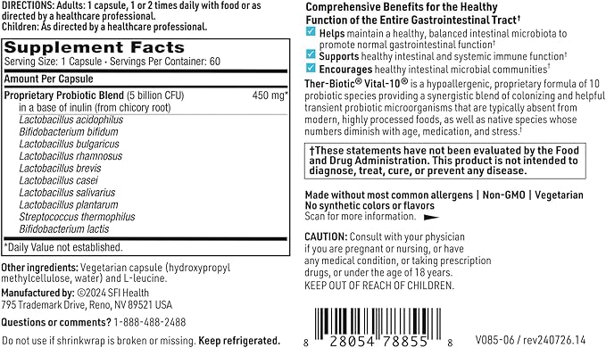Klaire Labs SFI Health Ther-Biotic Vital-10-10 Species Supplement with Lactobacillus Bifidobacterium &amp Streptococcus for Immune Digestive GI &amp Colon Support - 5 Billion CFU (60 Capsules)