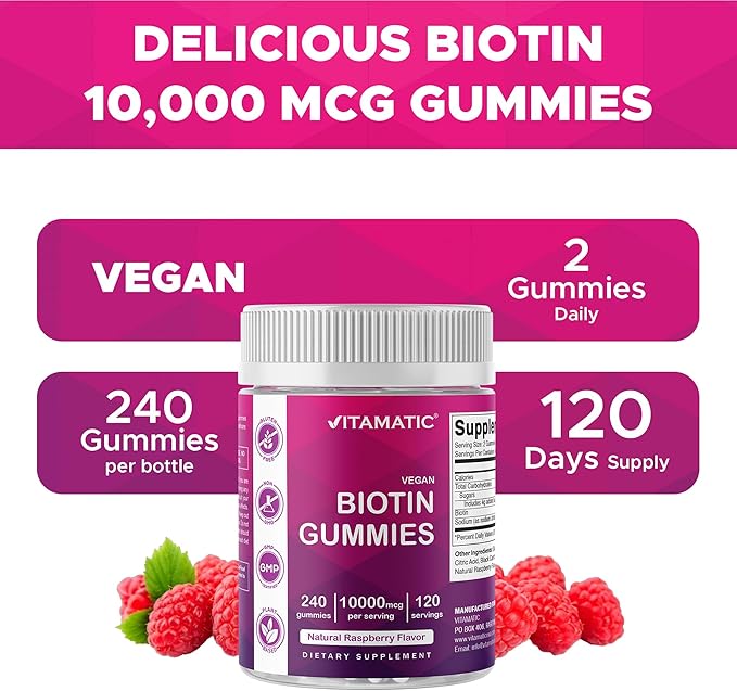 Vitamatic Biotin Gummies 10000 mcg for Stronger Hair Skin &amp Nails - 240 Vegan Gummies - Also Called Vitamin B7