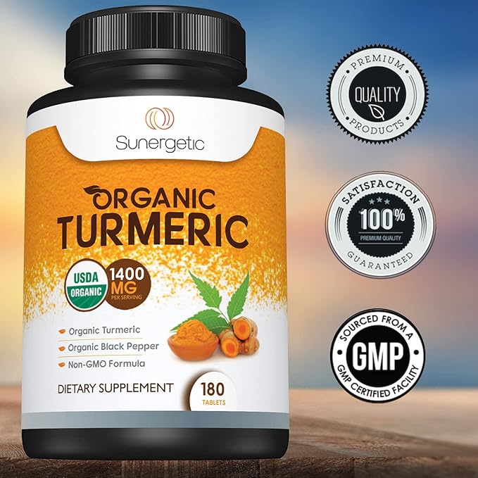Sunergetic USDA Certified Organic Turmeric Supplement – Includes Organic Turmeric &amp Organic Black Pepper – 1400mg of Turmeric per Serving - 180 Count (Pack of 1)