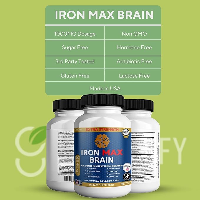 Iron Max Brain Extra Strength Brain Support Supplement 60 Capsules 30-Day Supply