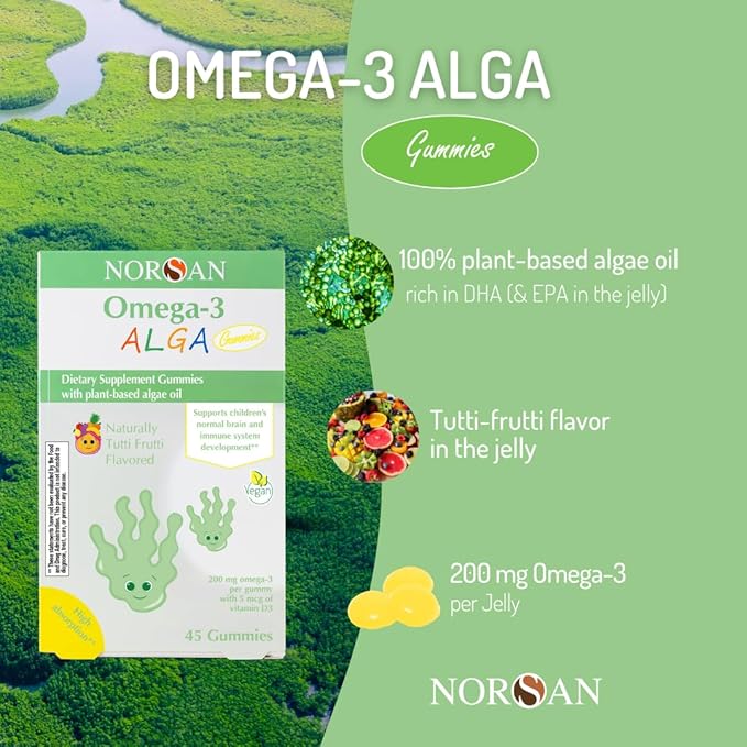 NORSAN Alga Premium Omega-3 Kids Vegan Gummies 45pcs - High Dosage DHA and EPA | 45 Vegan Chewing Gummies with 200mg Omega-3 per Gummie | Tutti Frutti Flavour | with Plant-Based Algae Oil