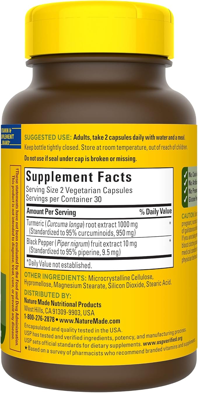 Nature Made Extra Strength Turmeric Curcumin with Black Pepper1000mg Turmeric Extract per Serving (Standardized to 95% Curcuminoids)Supports Healthy Inflammation Response60 Capsules(Pack of 2)