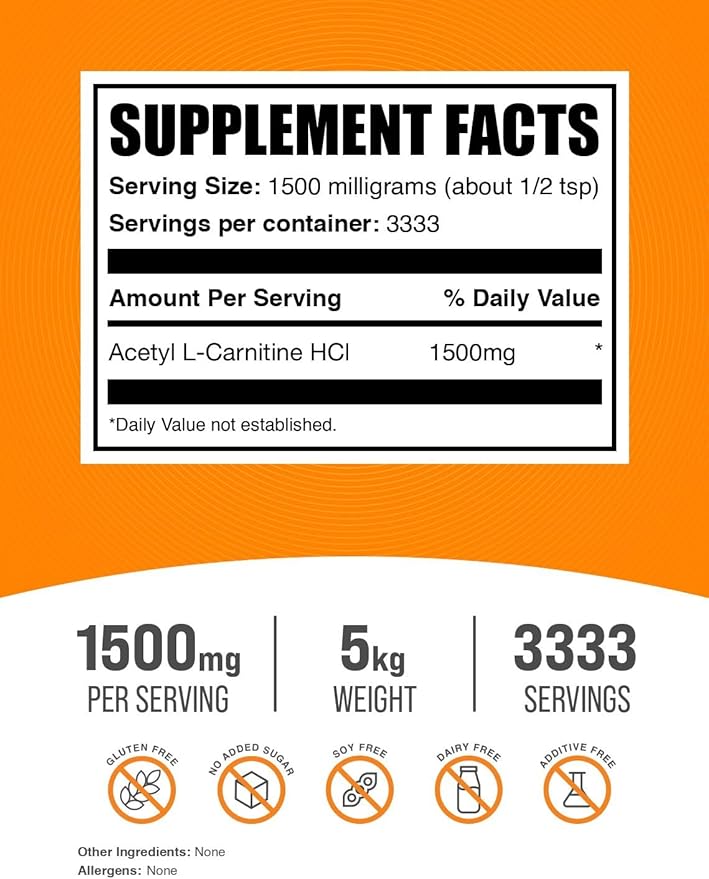 BulkSupplements.com Acetyl L-Carnitine Powder - ALCAR Powder Acetyl L-Carnitine 1500mg Carnitine Supplement - Gluten Free 1500mg per Serving 5kg (11 lbs) (Pack of 5)
