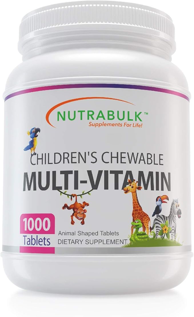 NutraBulk Kids Multivitamin – Kids Vitamins A C D3 E B-Complex Folic Acid with Animal Shapes &amp Fruity Flavors – No Artificial Dyes – Children's Chewable Multivitamin Bulk Family Value (1000 Table