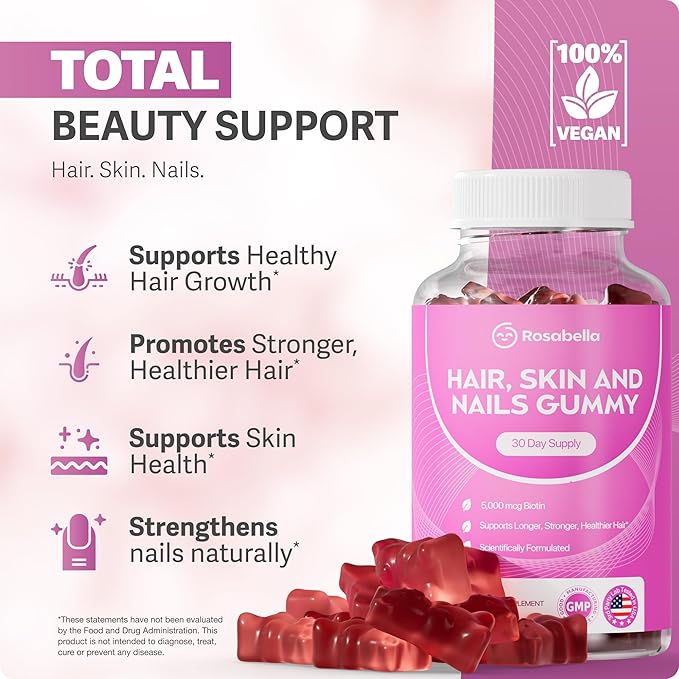 Rosabella Hair Growth Gummies for Women &amp Men – Vegan Hair Gummies with 5000mcg Biotin – Hair Vitamins for Strong Healthy-Looking Hair – Gummy Biotin Supplement – 60 Count