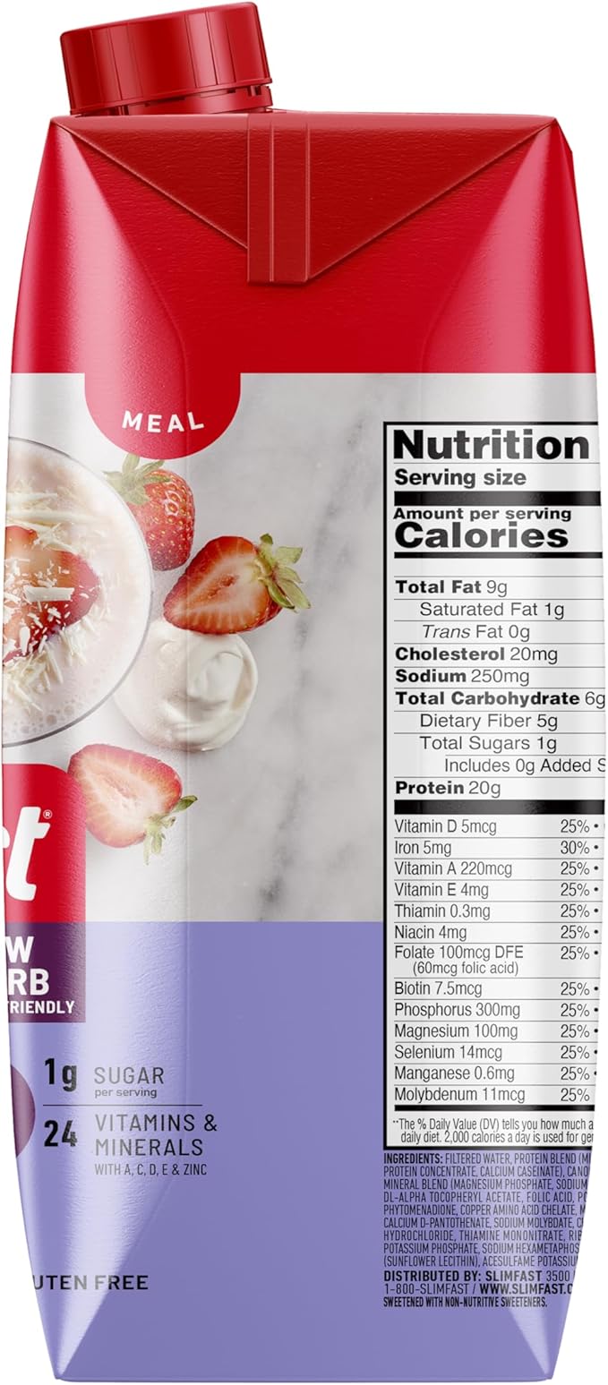 SlimFast Protein Shake Strawberry- 20g Protein Meal Replacement Shake Ready to Drink High Protein with Low Carb and Low Sugar 24 Vitamins and Minerals 12 Count (Pack of 1) (Packaging May Vary)
