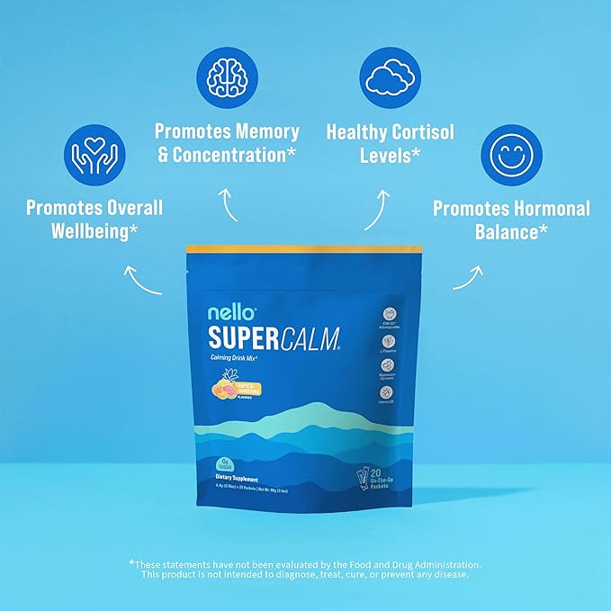 Nello Supercalm Drink Mix - Blue Coconut and Tropical Tangerine Ashwagandha KSM 66 Magnesium Glycinate &amp L-Theanine Supplement - Focus and Relaxation Support (2 x 20 Travel Packets)