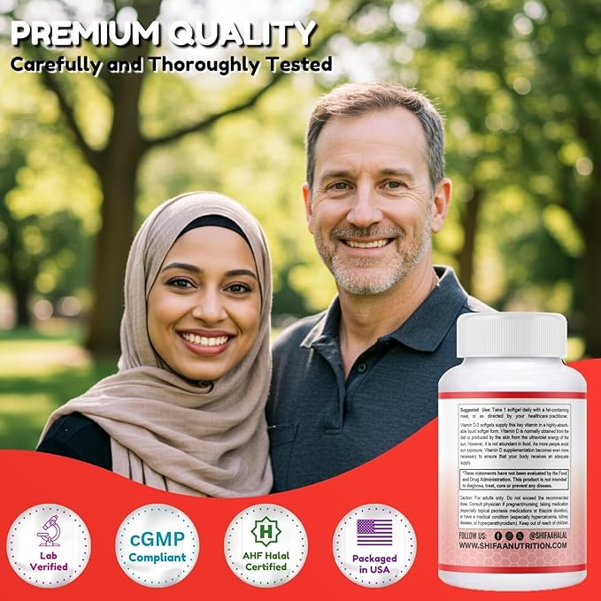 SHIFAA NUTRITION Halal Vitamin D Halal Vitamin D3 5000 IU Softgels 120 Servings. Non-GMO Gluten-Free Supports: Structure Bones Teeth Heart Muscle &amp Immune Functions