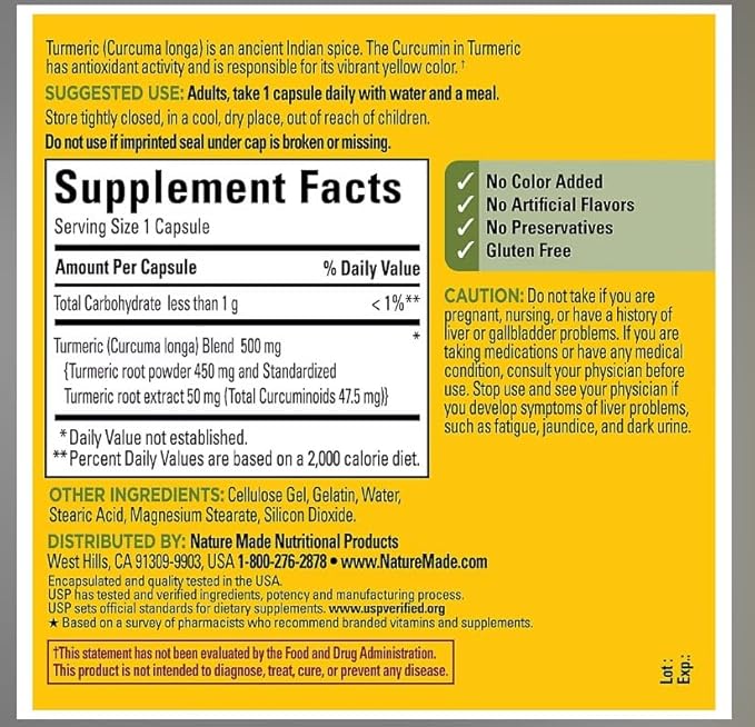 Nature Made Turmeric Curcumin with Standardized Extract Herbal Supplement Provides Antioxidant Benefits 180 Capsules
