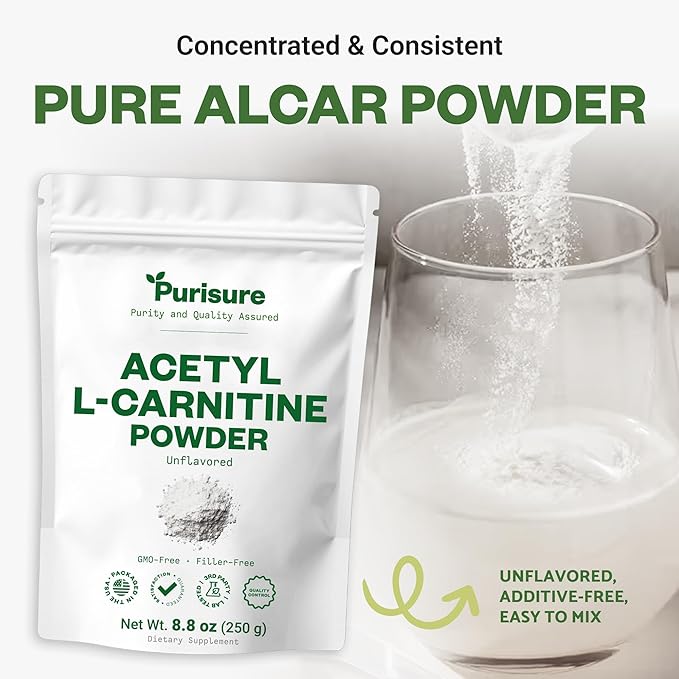 Purisure Acetyl L-Carnitine Powde ALCAR Powder Amino Acid Supplement Acetyl L-Carnitine Supplement for Better Cognitive Performance and Muscular Endurance Gluten Free Non-GMO 250g (8.8 oz)