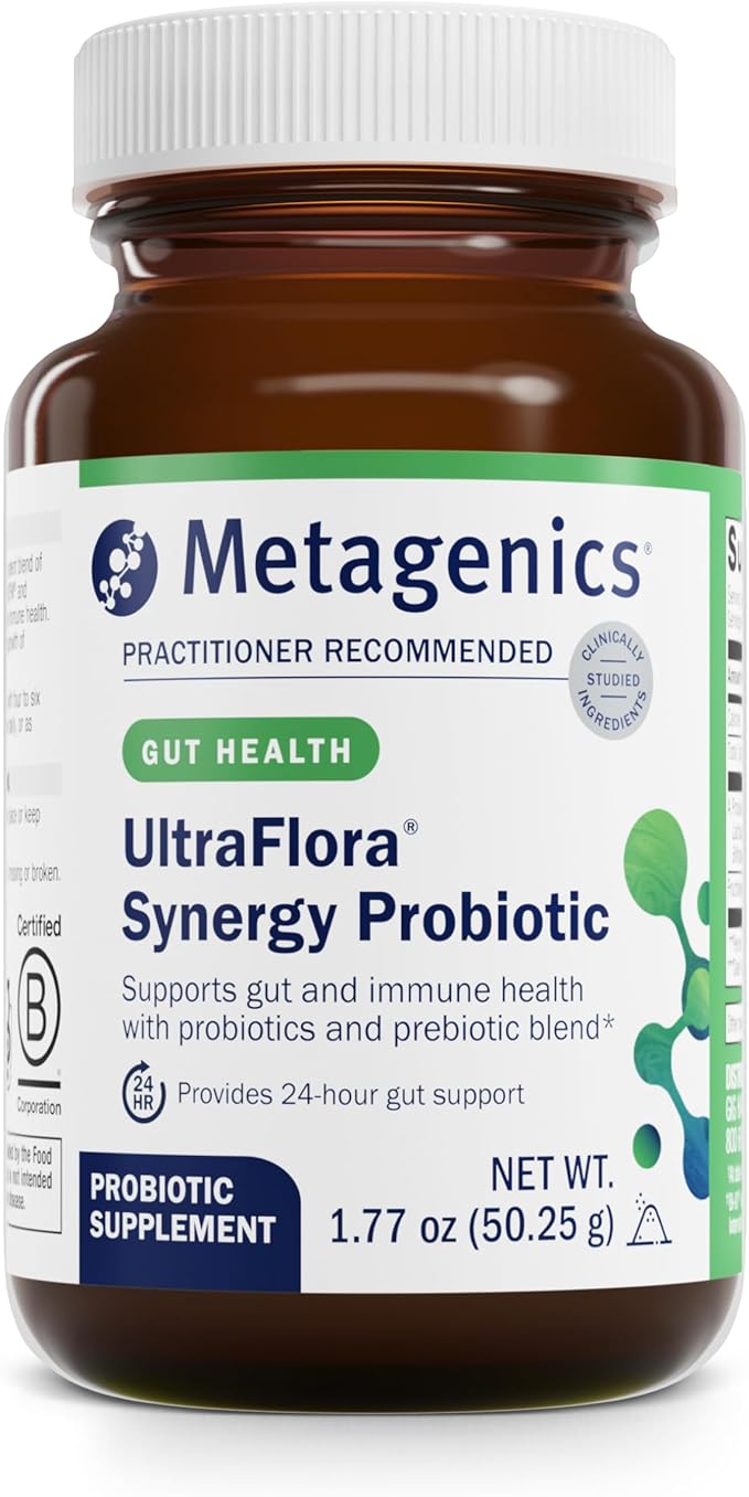 Metagenics UltraFlora Synergy - Probiotic &amp Prebiotic Powder with L. acidophilus NCFM &amp B. lactis Bi‑07 - Supports Digestive Health Bloating Relief &amp Immune Function - Gluten‑Free - 1.77