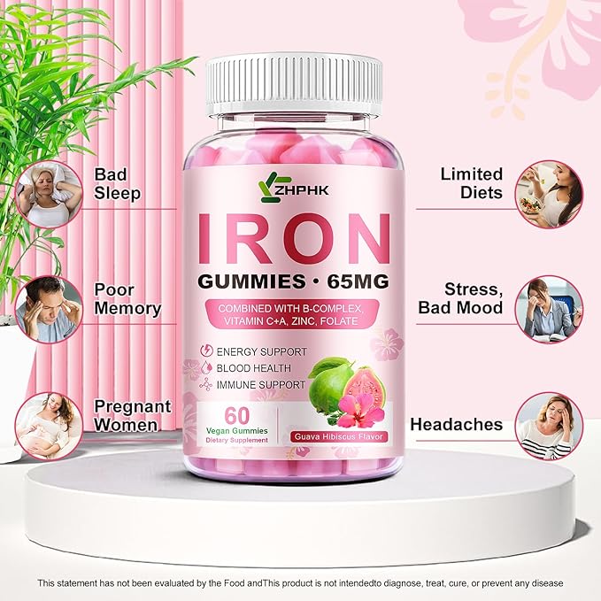 Iron Gummies for Women Men Vitamin Supplement 65mg &amp Vitamin C 250mg Per Serving with B6 B12 Folate- Energy Support for Iron Deficiency Anemia Vegan Guava Hibiscus Flavor 120 Count
