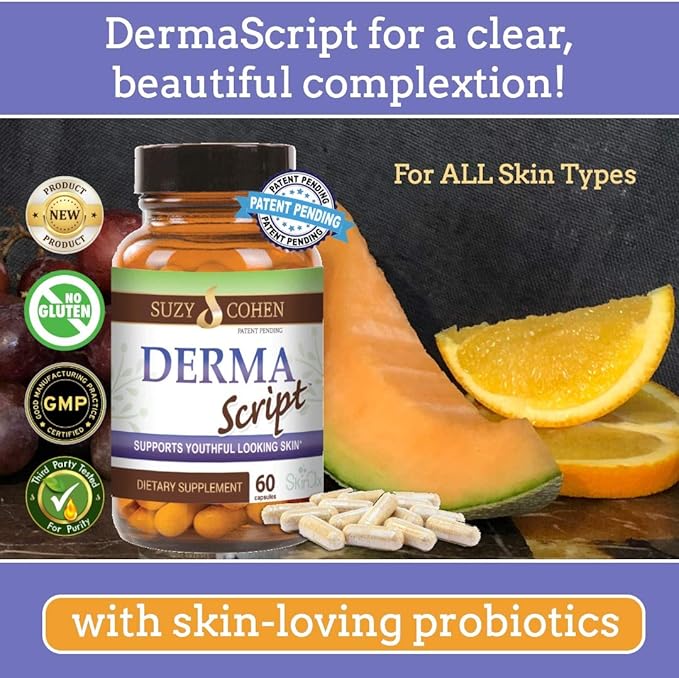 Script Essentials DermaScript Clear Skin Probiotic- Skin Care Routine Supplement - Biotin Face Supplemnt - Fights Acne Dryness Irritation and Rashes (60 Capsules)