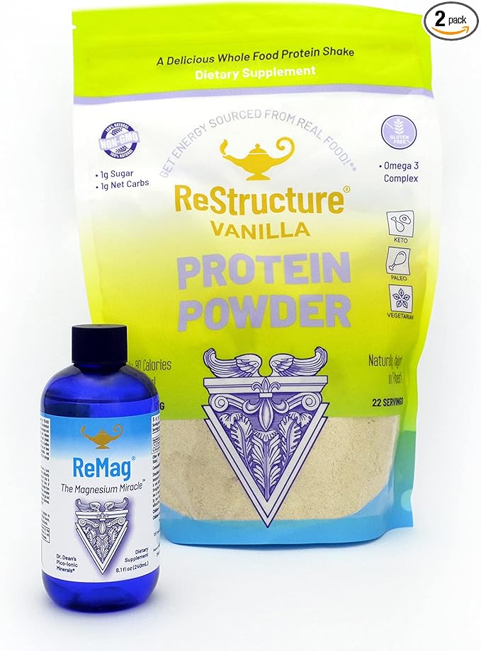 RnA ReSet Performance Bundle – ReMag Liquid Magnesium 8.1oz &amp ReStructure Vanilla Whey Protein 594g Muscle Recovery &amp Fitness Support (2 Formulas)