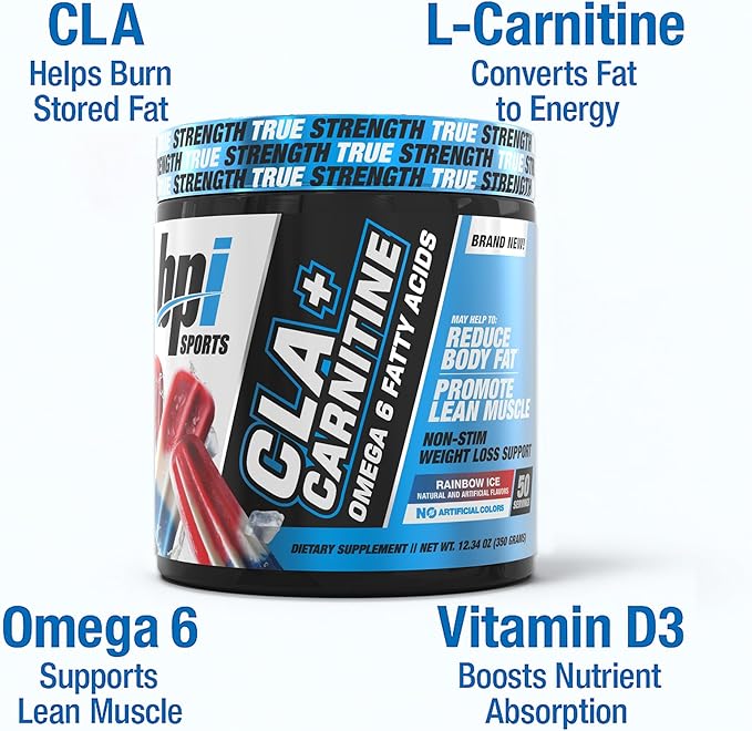BPI Sports CLA+Carnitine – CLA L Carnitine &amp Linoleic Acid – L Carnitine Supplement for Weight Loss Metabolism &amp Lean Muscle – Caffeine Free – Rainbow Ice – 50 Servings – 12.34 oz