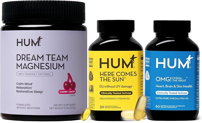 HUM Daily Wellness Essentials Bundle – Dream Team Magnesium + OMG! Omega The Great + Here Comes The Sun Vitamin D3