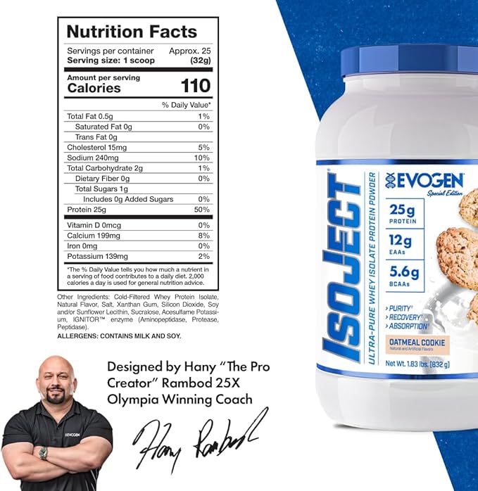 Evogen Isoject - Whey Protein Isolate | Ultra-Pure Whey Protein Powder with Ignitor Enzymes BCAAs and EAAs | Enhanced Absorption &amp Recovery | Oatmeal Cookie | 25 Servings