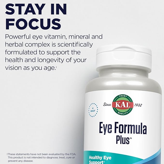 KAL Eye Formula Plus Eye Care and Vision Supplements for Adults with Eye Vitamins Lutein and Zeaxanthin Plus Bilberry Extract Goji and Blueberry Extract 60-Day Guarantee 15 Servings 60 Tablets