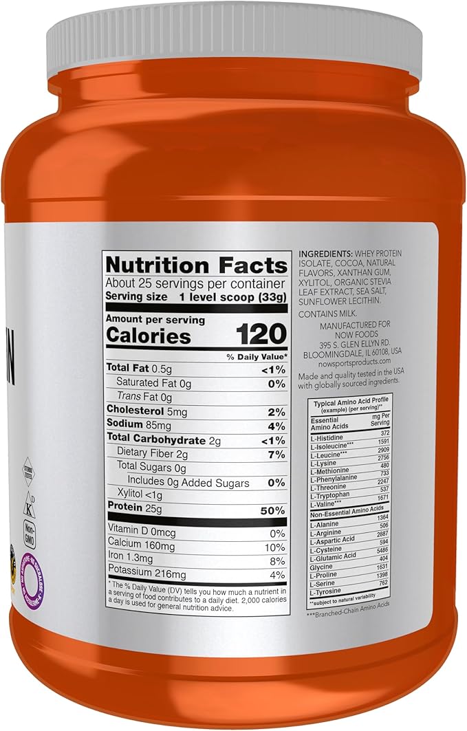 NOW Foods Sports Nutrition Whey Protein Isolate 25 g With BCAAs Creamy Chocolate Powder 1.8-Pound