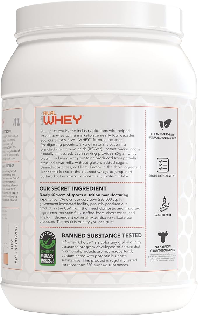 RIVAL NUTRITION Clean Rival Whey – 2LB Unflavored – 100% Whey Protein Powder Whey Isolate Primary Source | 25g Protein Muscle Gain/Recovery | All Natural No Artificial Ingredients - 29 Servings