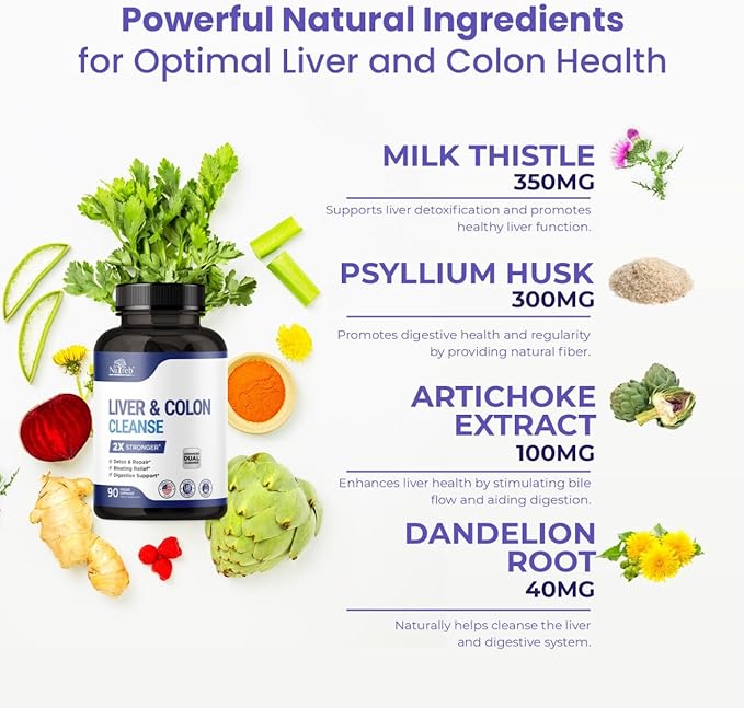 Liver &amp Colon Cleanse - 2X Stronger - Liver Cleanse Detox &amp Repair - Colon Cleanser &amp Detox - Premium Milk Thistle Supplement - Men &amp Women - Vegan 90 Capsules