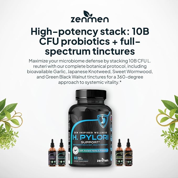 Zenmen H. Pylori Support | Lactobacillus Reuteri Probiotic with Mastic Gum for Digestion &amp GI Health - Third Party Tested 60 Vegan Capsules Made in The USA