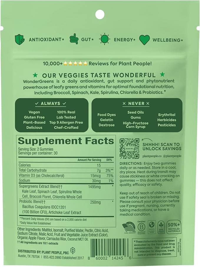 Plant People WonderGreens Veggie Gummies Super Greens with Probiotics Multivitamin Support Gummy for Wellbeing Energy Immune and Gut Health Green Apple Flavor (60 Count)