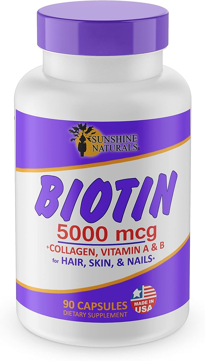 Sunshine Naturals Biotin Dietary Supplement. Supports Healthier Skin Thicker Stronger and Faster Hair and Nail Growth. Enriched with Collagen Vitamin A and B for Hair Loss. 5000 mcg. 90 Capsules.
