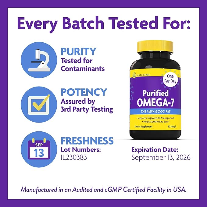InnovixLabs Purified Omega 7 Supplement - 210 mg Omega-7 Palmitoleic Acid Fish Oil for Metabolism &amp Triglyceride Support Essential Fatty Acids IFOS Approved 30 Softgels (Pack of 2)
