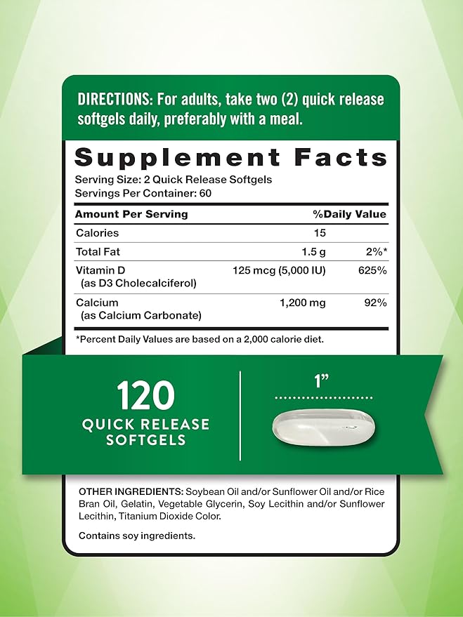Nature's Truth Calcium 1200 mg Plus Vitamin D3 5000 IU Supplements 120 Count (Pack of 3)