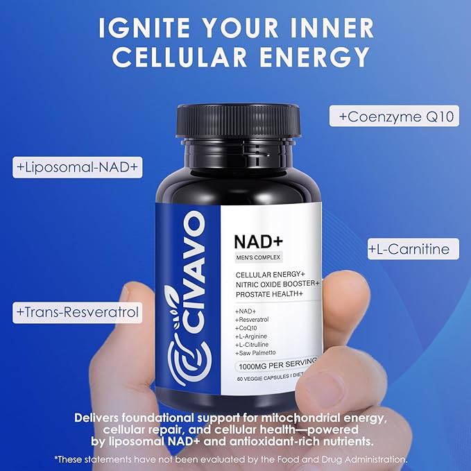 NAD+ Supplement for Men 1000mg Liposomal NAD+ with Resveratrol CoQ10 L-Citrulline &amp Maca Root – Cellular Energy Healthy Aging SupportAntioxidantNitric Oxide Prostate Health for Men – 60 Caps