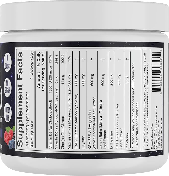 Dr. Colbert MD Sleep-Ease Powder | Mixed Berry Flavor | by Divine Health | KSM-66 Ashwagandha | 5-htp | 5mg Melatonin | Lemon Balm | L-Theanine | Sugar Free | 30 Day Supply | 5.29 oz